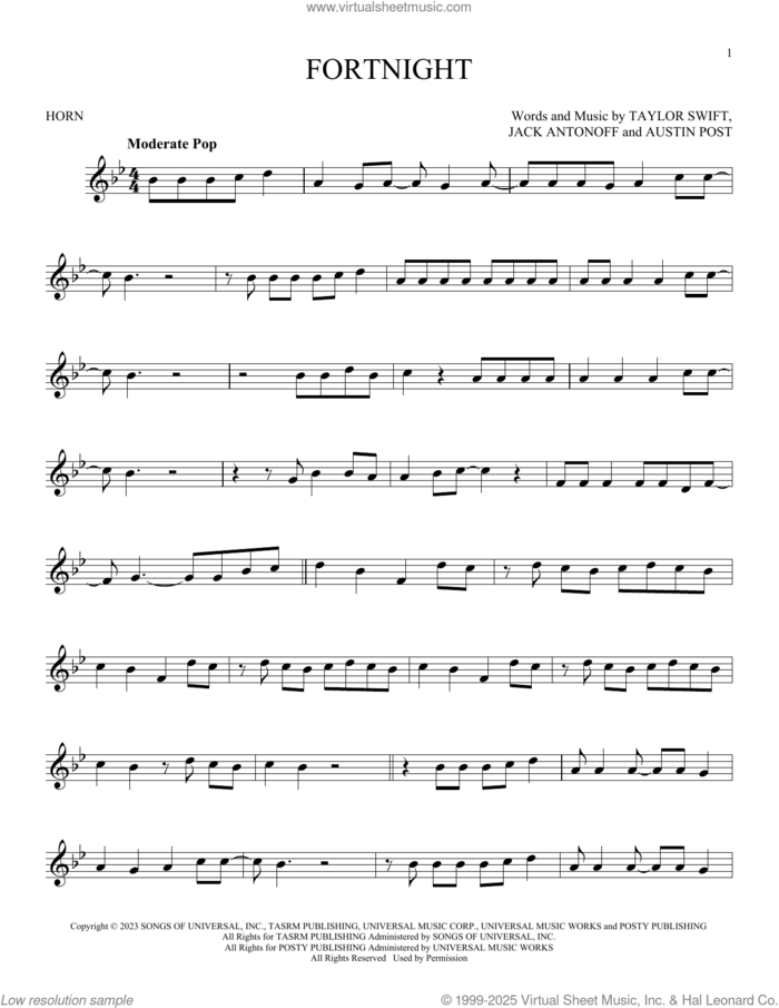 Fortnight (feat. Post Malone) sheet music for horn solo by Taylor Swift, Austin Post and Jack Antonoff, intermediate skill level