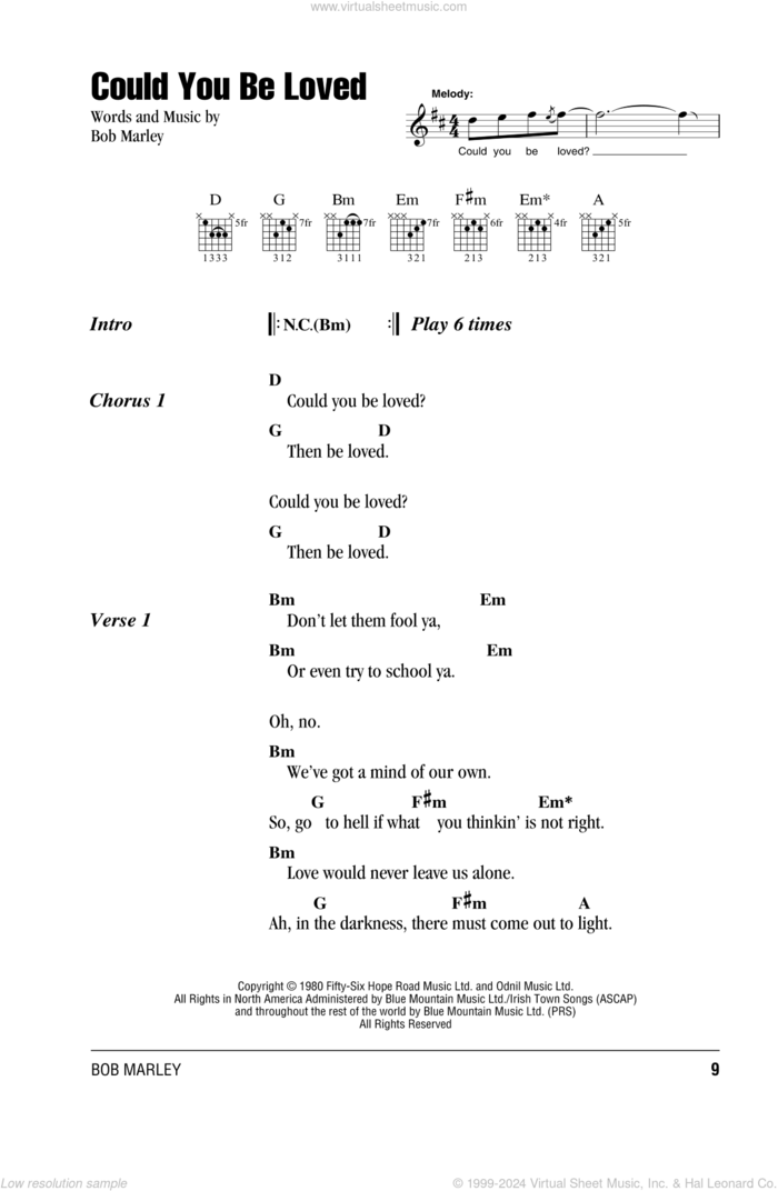 Could You Be Loved sheet music for guitar (chords) by Bob Marley and Bob Marley and The Wailers, intermediate skill level