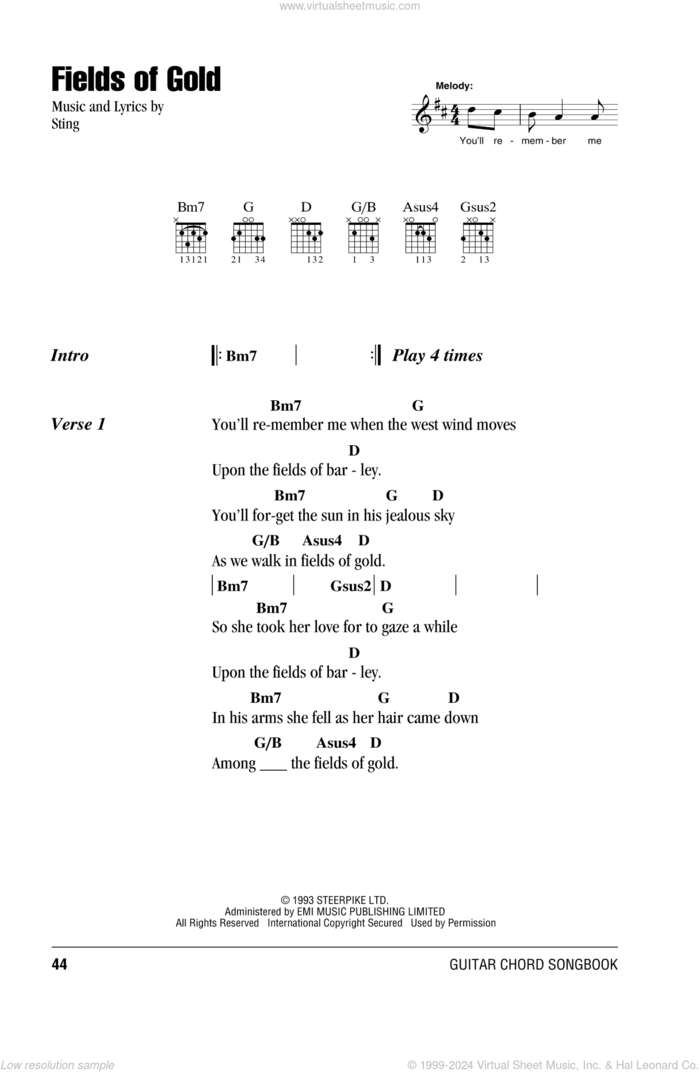 Fields Of Gold sheet music for guitar (chords) by Sting, intermediate skill level