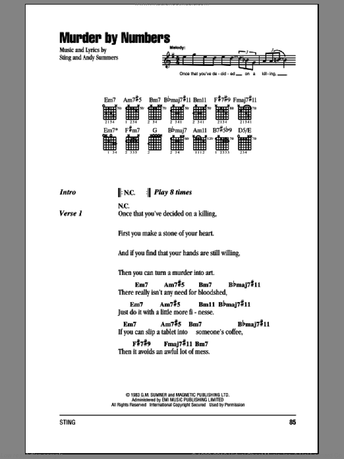 Murder By Numbers sheet music for guitar (chords) by The Police, Andy Summers and Sting, intermediate skill level