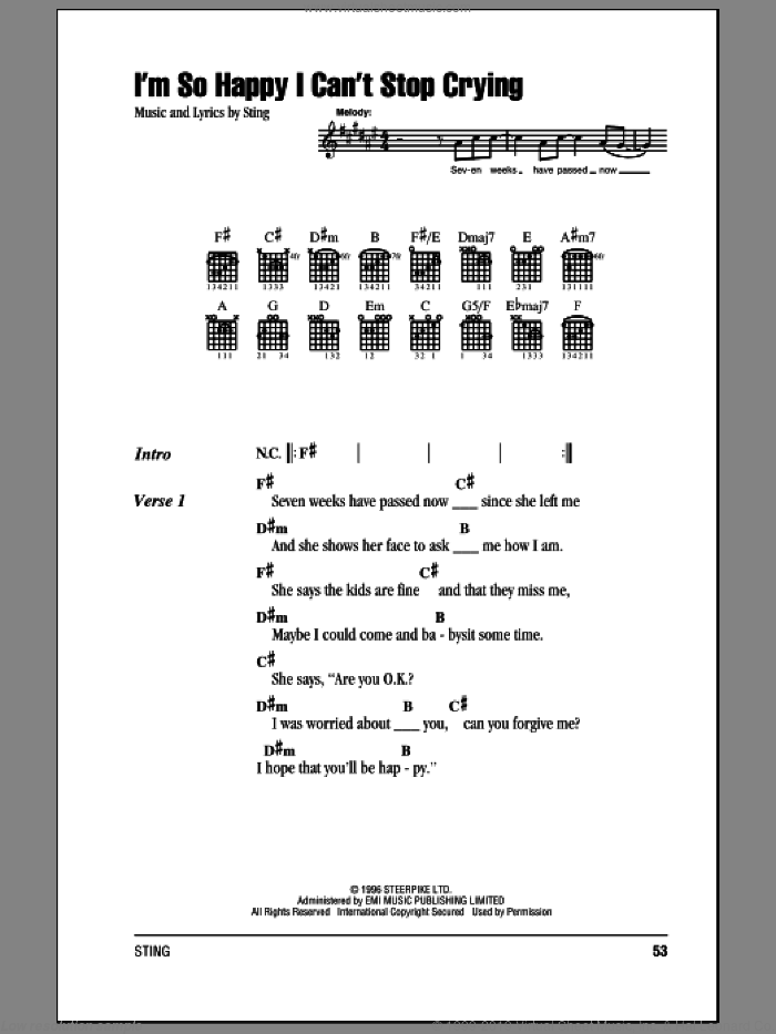 I'm So Happy I Can't Stop Crying sheet music for guitar (chords) by Sting, intermediate skill level