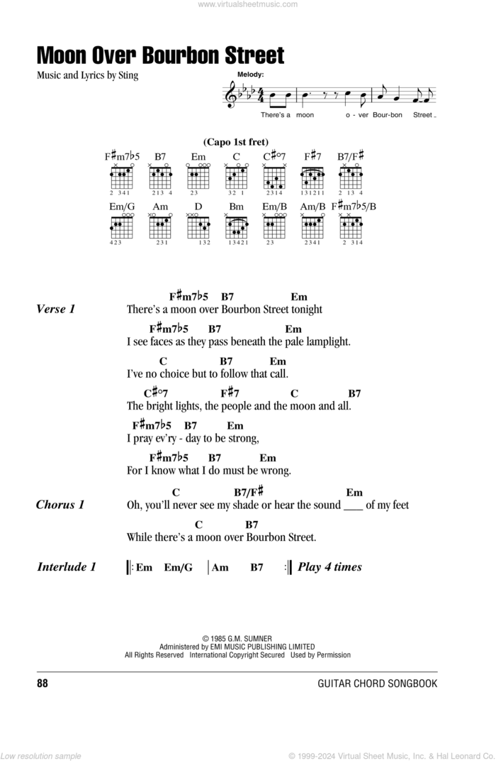 Moon Over Bourbon Street sheet music for guitar (chords) by Sting, intermediate skill level