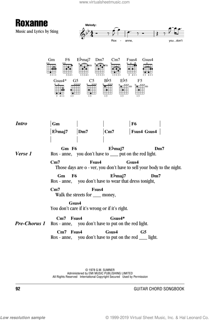 Roxanne sheet music for guitar (chords) by The Police and Sting, intermediate skill level