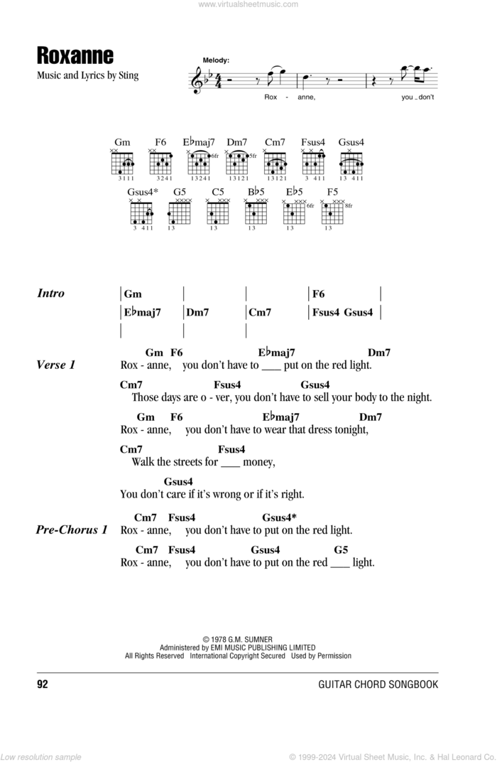 Roxanne sheet music for guitar (chords) by The Police and Sting, intermediate skill level