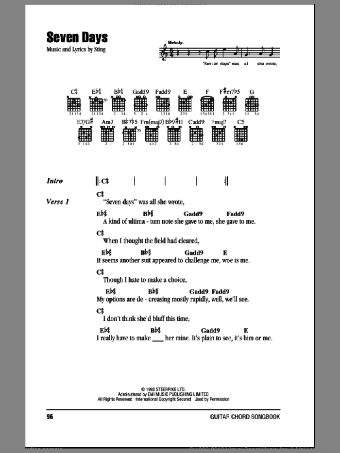Seven Days sheet music for guitar (chords) by Sting, intermediate skill level