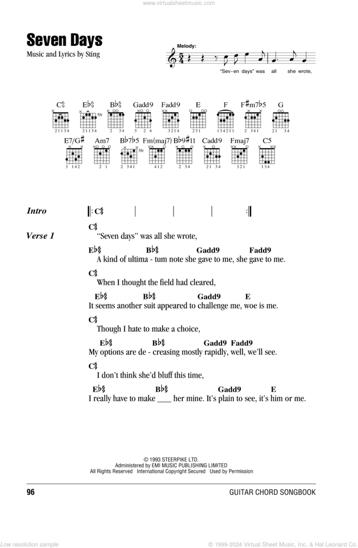 Seven Days sheet music for guitar (chords) by Sting, intermediate skill level