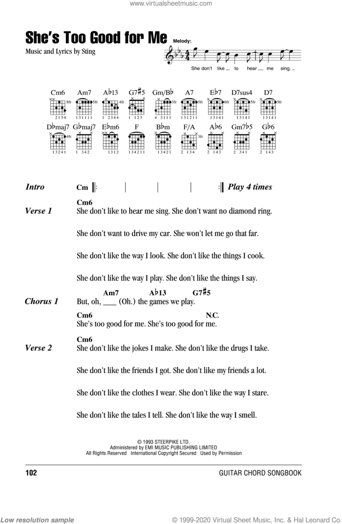 She's Too Good For Me sheet music for guitar (chords) by Sting, intermediate skill level