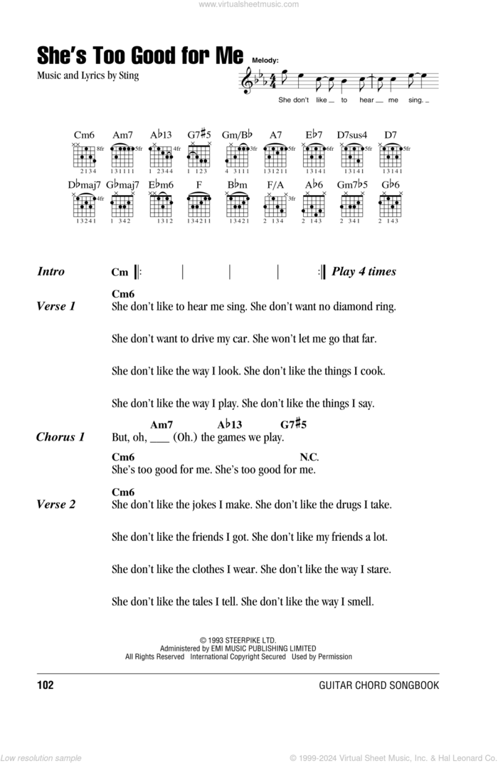 She's Too Good For Me sheet music for guitar (chords) by Sting, intermediate skill level