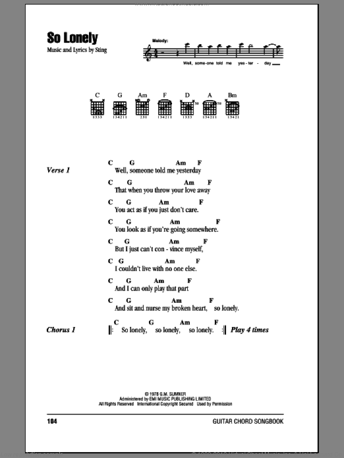So Lonely sheet music for guitar (chords) by The Police and Sting, intermediate skill level