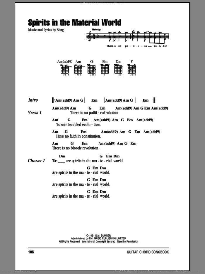 Spirits In The Material World sheet music for guitar (chords) by The Police and Sting, intermediate skill level