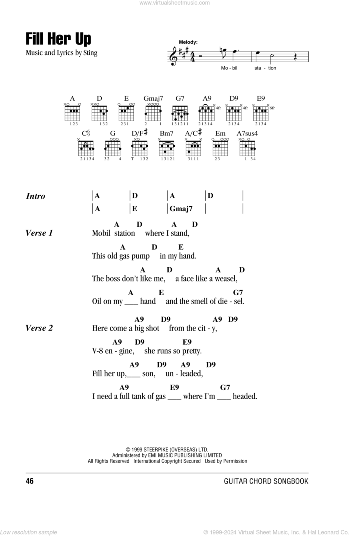 Fill Her Up sheet music for guitar (chords) by Sting, intermediate skill level