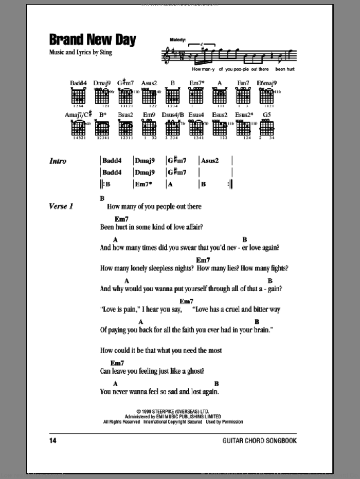 Brand New Day sheet music for guitar (chords) by Sting, intermediate skill level
