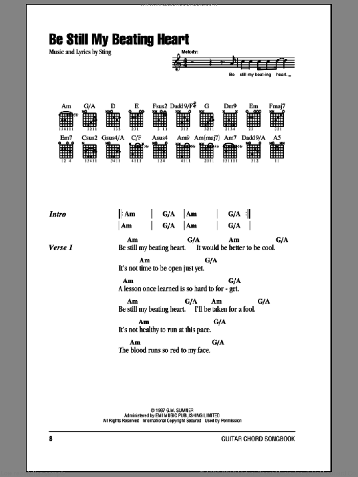 Be Still My Beating Heart sheet music for guitar (chords) by Sting, intermediate skill level