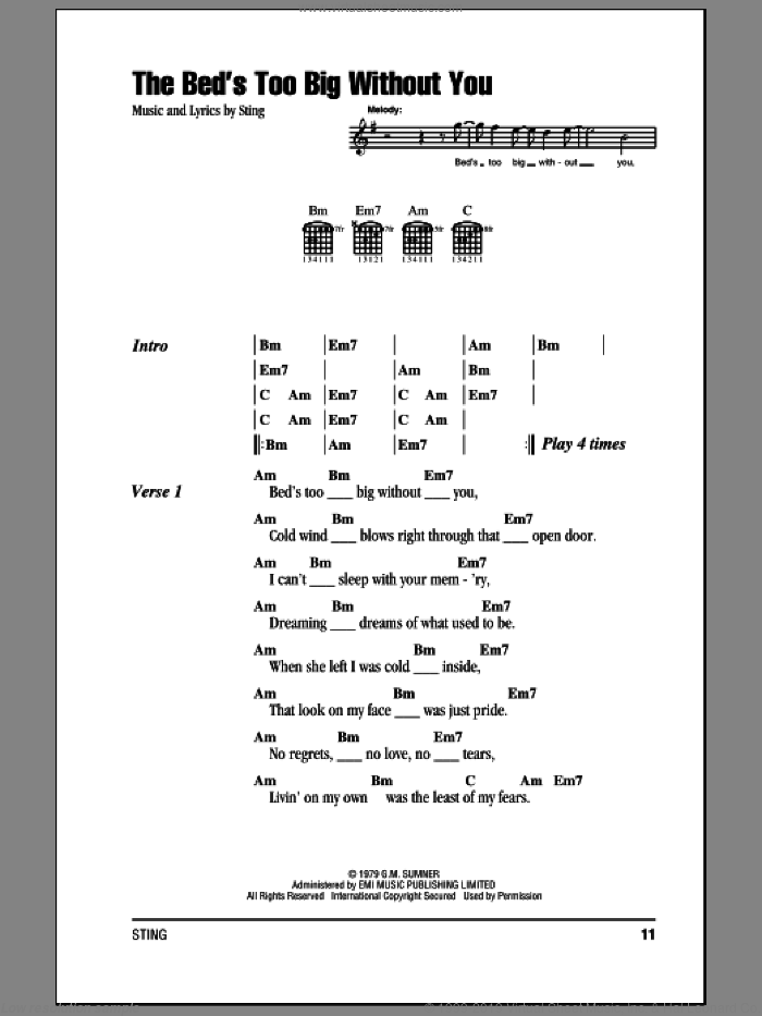 The Bed's Too Big Without You sheet music for guitar (chords) by The Police and Sting, intermediate skill level