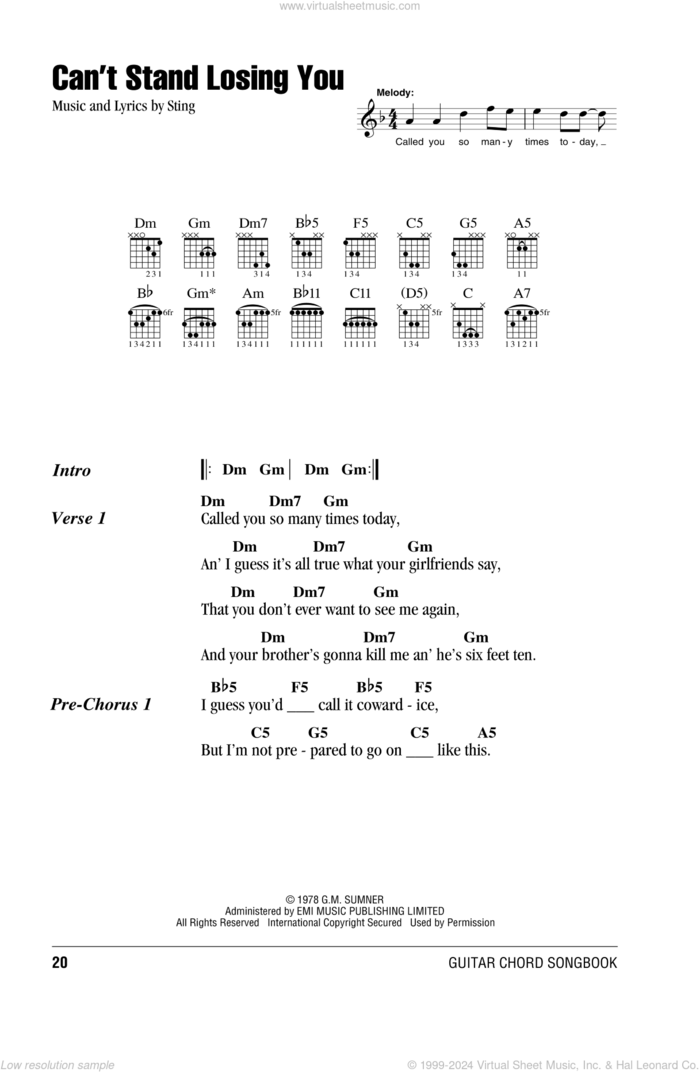 Can't Stand Losing You sheet music for guitar (chords) by The Police and Sting, intermediate skill level