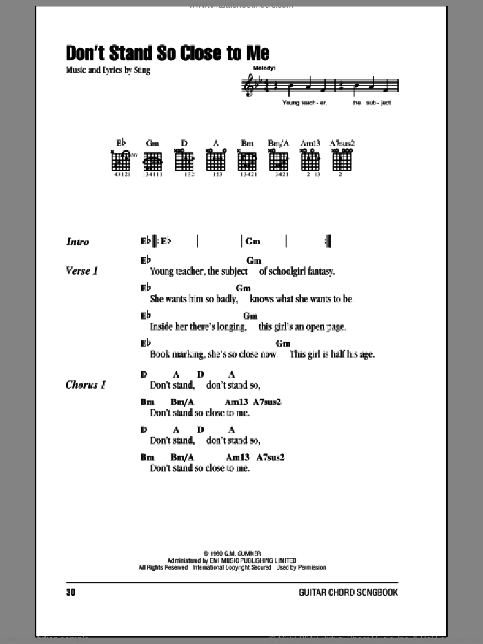 Don't Stand So Close To Me sheet music for guitar (chords) by The Police and Sting, intermediate skill level