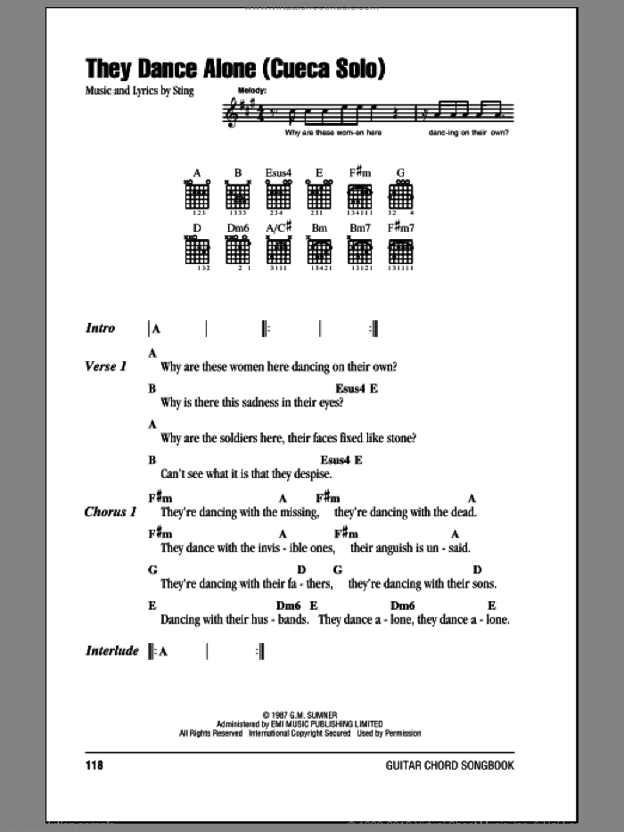 They Dance Alone (Cueca Solo) sheet music for guitar (chords) by Sting, intermediate skill level