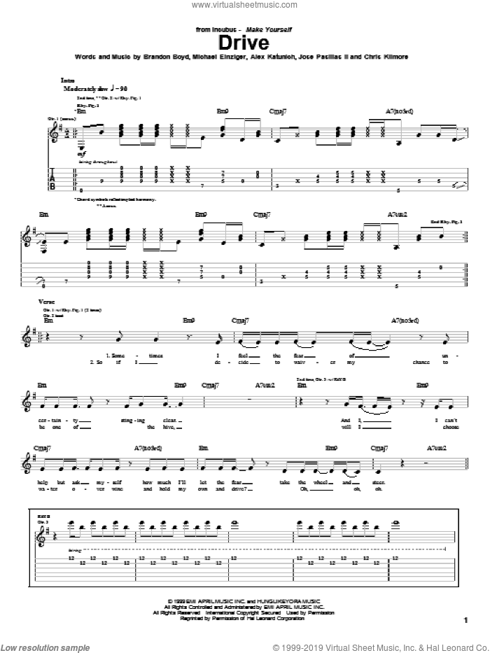 Drive sheet music for guitar (tablature) by Incubus, Alex Katunich, Brandon Boyd and Michael Einziger, intermediate skill level
