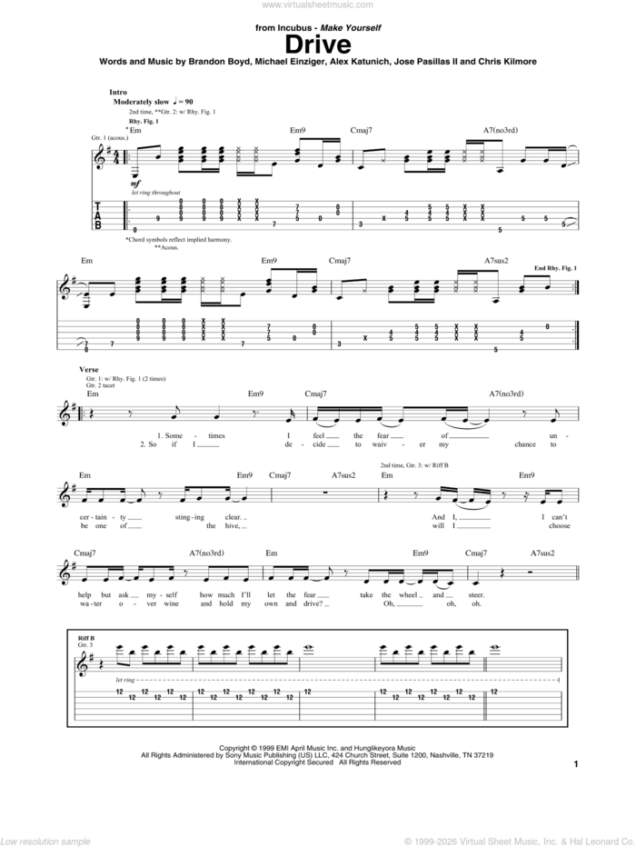 Drive sheet music for guitar (tablature) by Incubus, Alex Katunich, Brandon Boyd and Michael Einziger, intermediate skill level