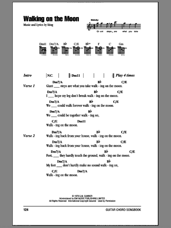 Walking On The Moon sheet music for guitar (chords) by The Police and Sting, intermediate skill level