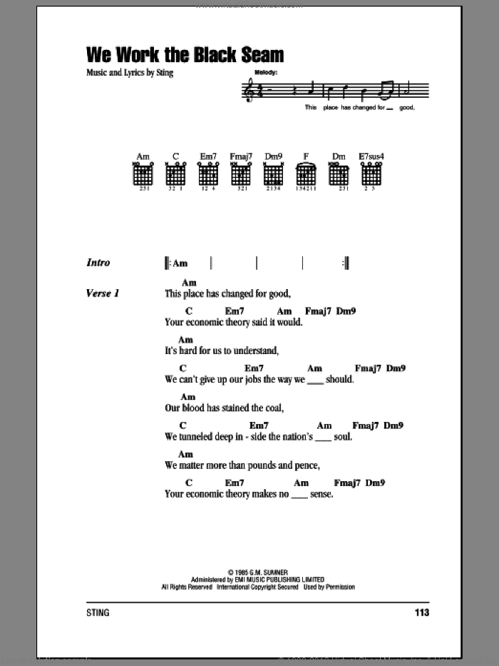 We Work The Black Seam sheet music for guitar (chords) by Sting, intermediate skill level