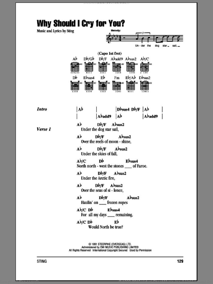 Why Should I Cry For You? sheet music for guitar (chords) by Sting, intermediate skill level