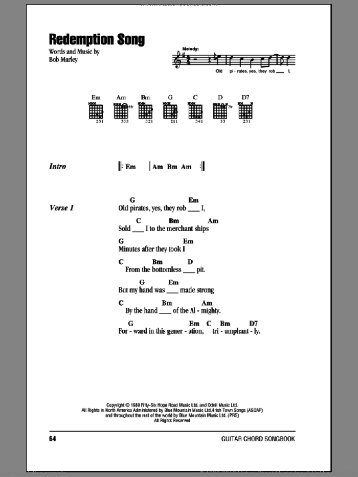 Redemption Song sheet music for guitar (chords) by Bob Marley, intermediate skill level