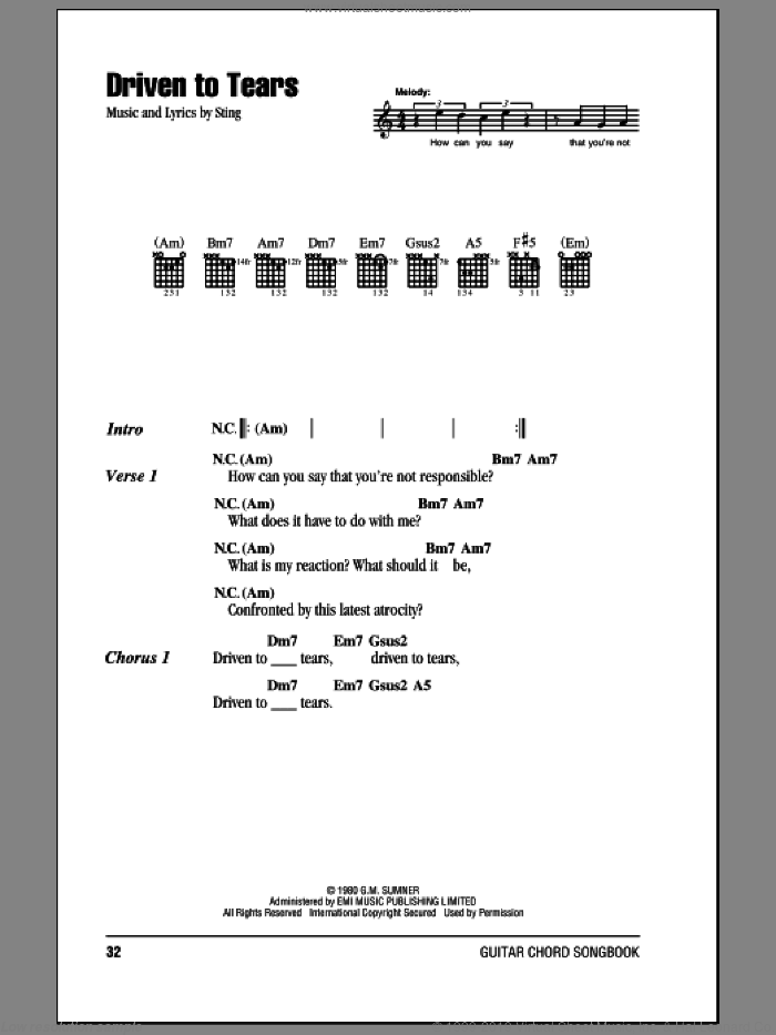 Driven To Tears sheet music for guitar (chords) by The Police and Sting, intermediate skill level