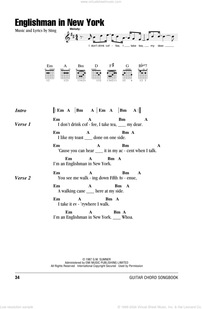Englishman In New York sheet music for guitar (chords) by Sting, intermediate skill level