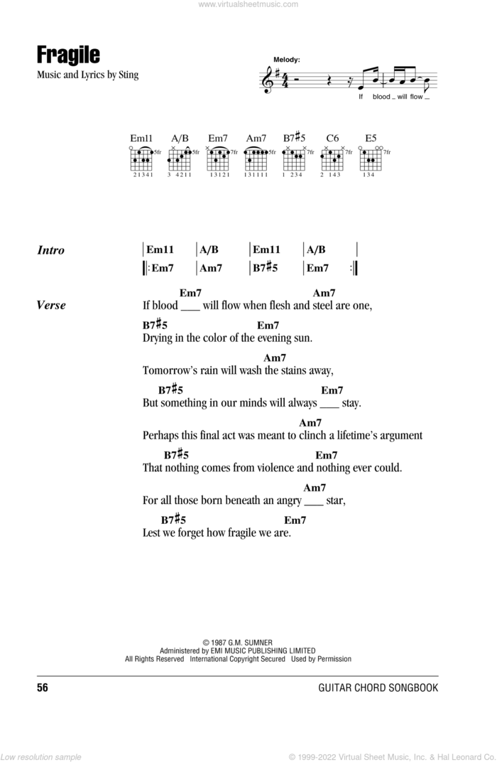 Fragile sheet music for guitar (chords) by Sting, intermediate skill level
