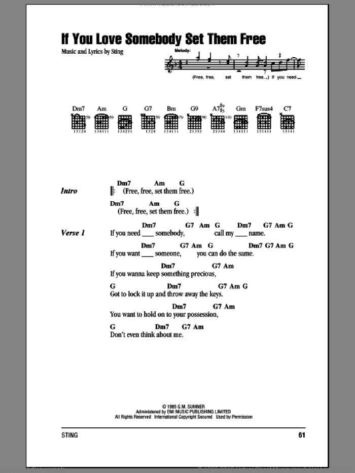 If You Love Somebody Set Them Free sheet music for guitar (chords) by Sting, intermediate skill level