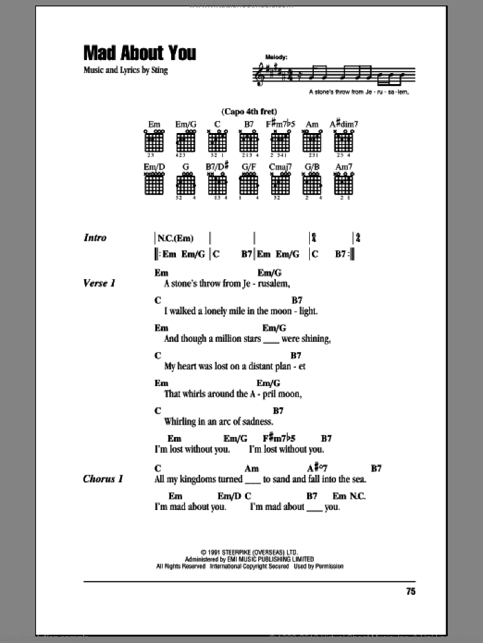 Mad About You sheet music for guitar (chords) by Sting, intermediate skill level