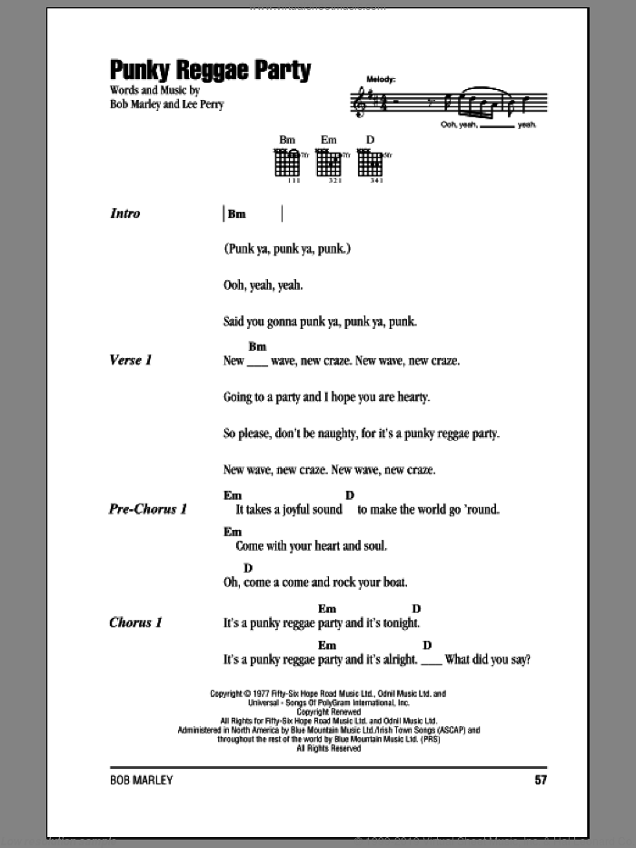 Punky Reggae Party sheet music for guitar (chords) by Bob Marley and Lee Perry, intermediate skill level