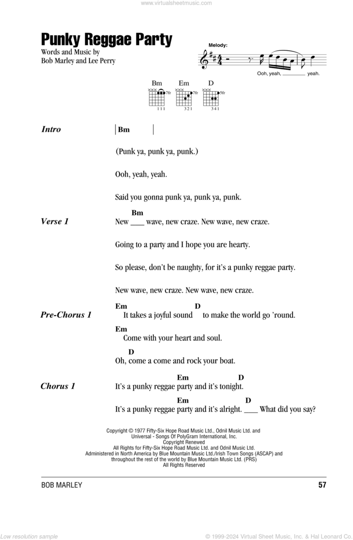 Punky Reggae Party sheet music for guitar (chords) by Bob Marley and Lee Perry, intermediate skill level