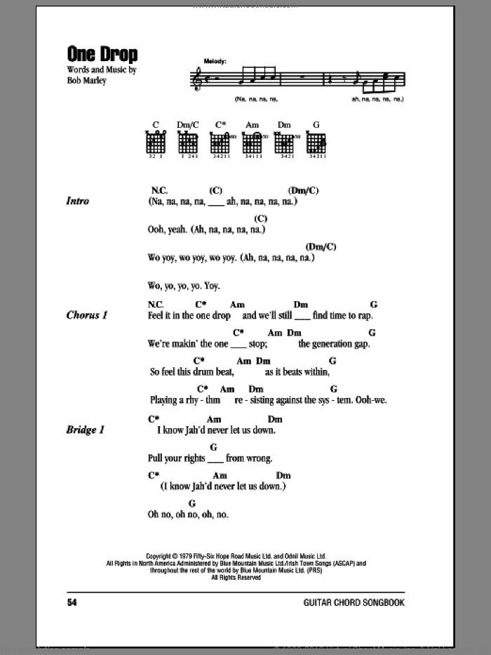 One Drop sheet music for guitar (chords) by Bob Marley, intermediate skill level