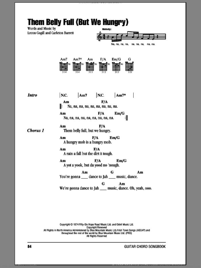 Them Belly Full (But We Hungry) sheet music for guitar (chords) by Bob Marley, Carleton Barrett and Lecon Cogill, intermediate skill level