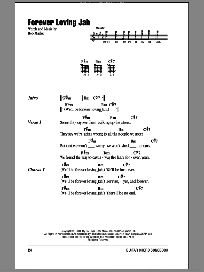 Forever Loving Jah sheet music for guitar (chords) by Bob Marley, intermediate skill level