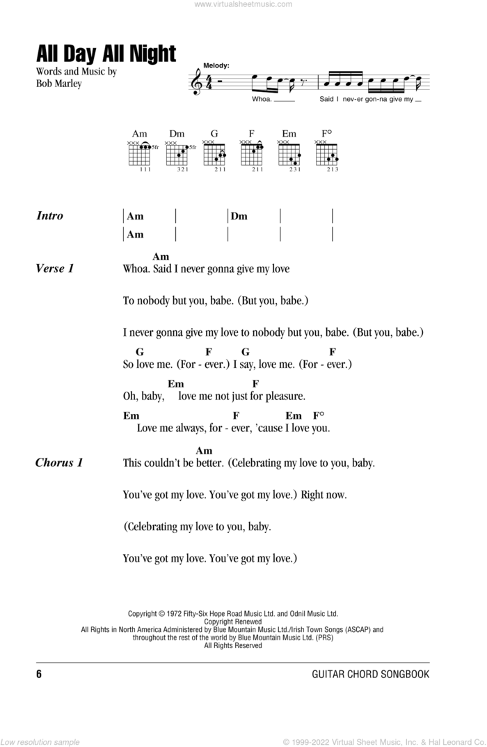 All Day All Night sheet music for guitar (chords) by Bob Marley, intermediate skill level