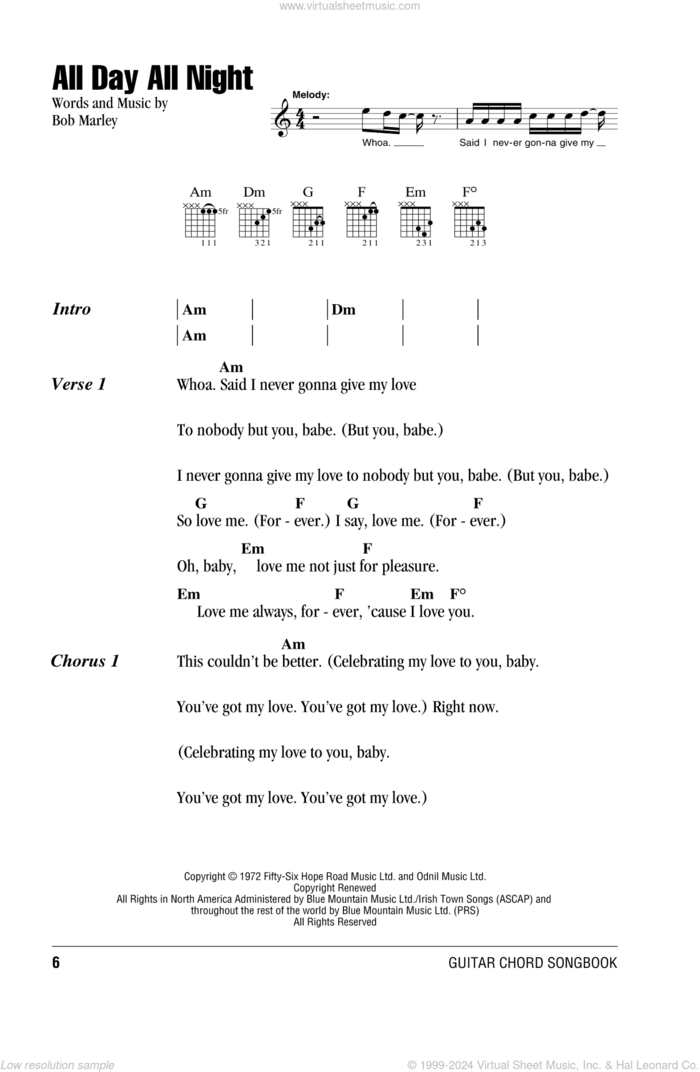 All Day All Night sheet music for guitar (chords) by Bob Marley, intermediate skill level