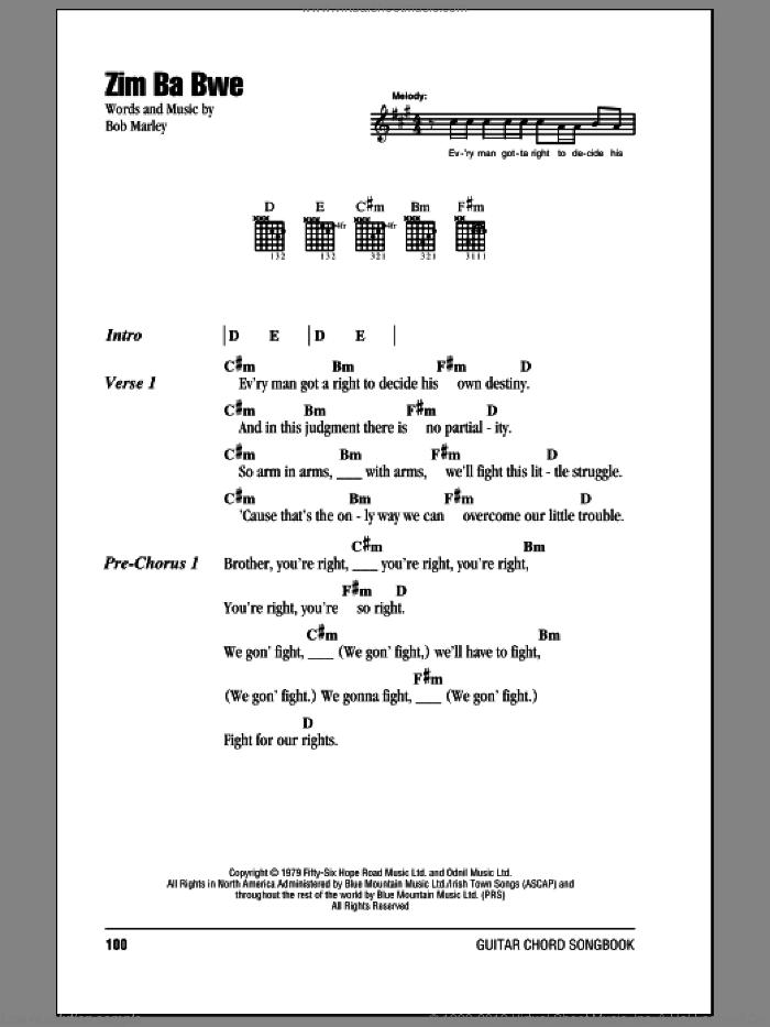 Zim Ba Bwe sheet music for guitar (chords) by Bob Marley, intermediate skill level