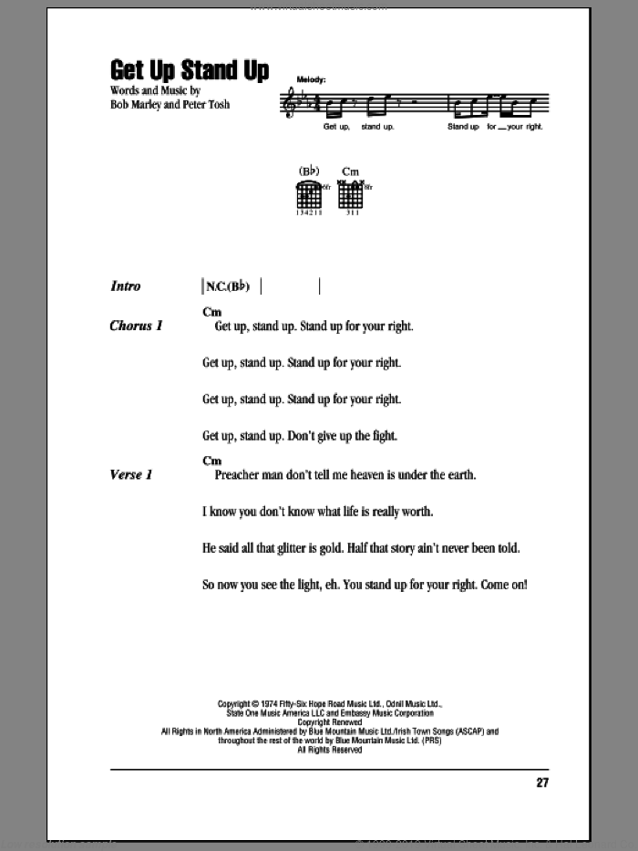 Get Up Stand Up sheet music for guitar (chords) by Bob Marley and Peter Tosh, intermediate skill level