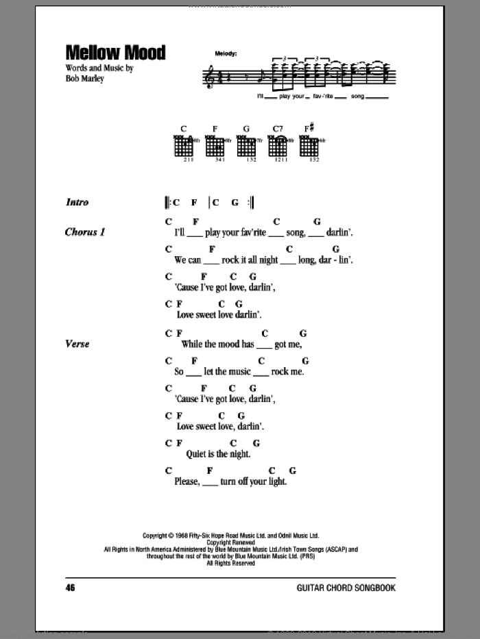 Mellow Mood sheet music for guitar (chords) by Bob Marley, intermediate skill level