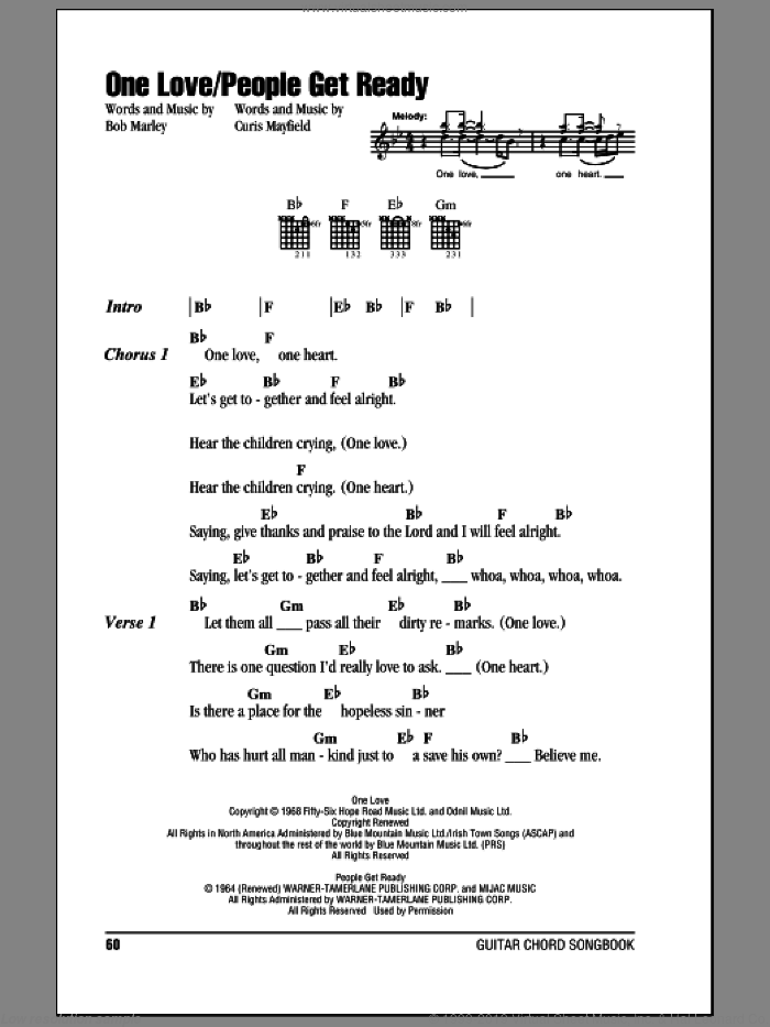 One Love sheet music for guitar (chords) by Bob Marley, intermediate skill level
