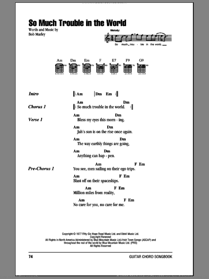 So Much Trouble In The World sheet music for guitar (chords) by Bob Marley, intermediate skill level