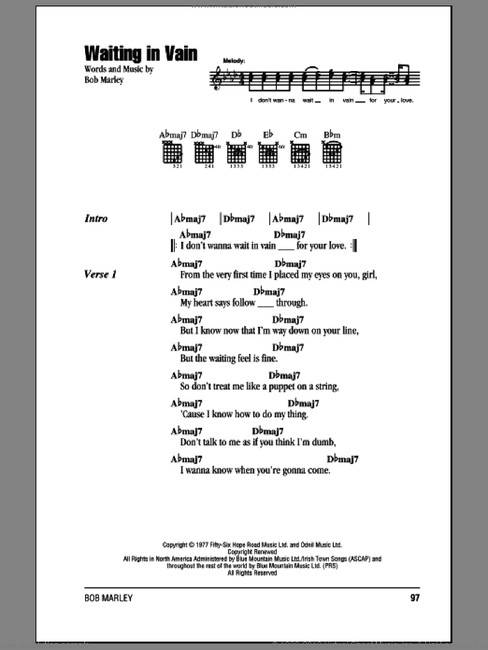 Waiting In Vain sheet music for guitar (chords) by Bob Marley, intermediate skill level