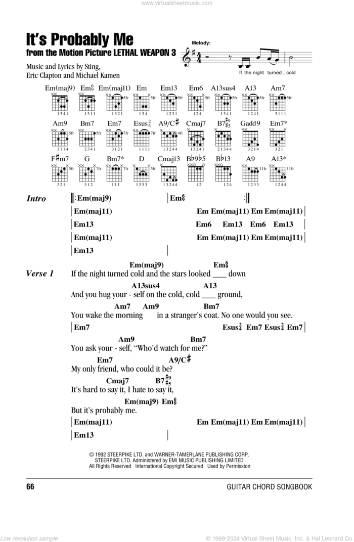 It's Probably Me sheet music for guitar (chords) by Sting, Eric Clapton and Michael Kamen, intermediate skill level