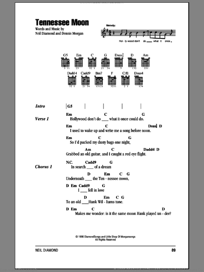 Tennessee Moon sheet music for guitar (chords) by Neil Diamond and Dennis Morgan, intermediate skill level