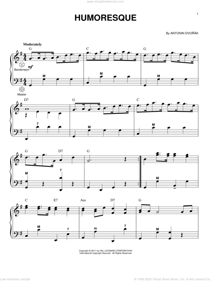 Humoresque sheet music for accordion by Antonin Dvorak and Gary Meisner, classical score, intermediate skill level