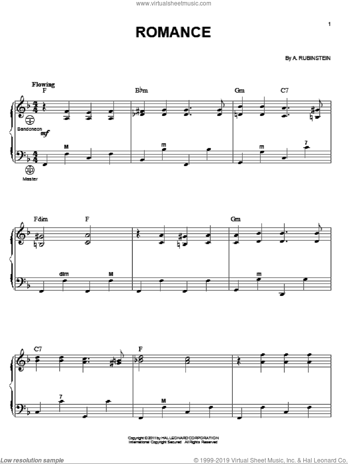 Romance sheet music for accordion by Anton Rubinstein and Gary Meisner, classical score, intermediate skill level
