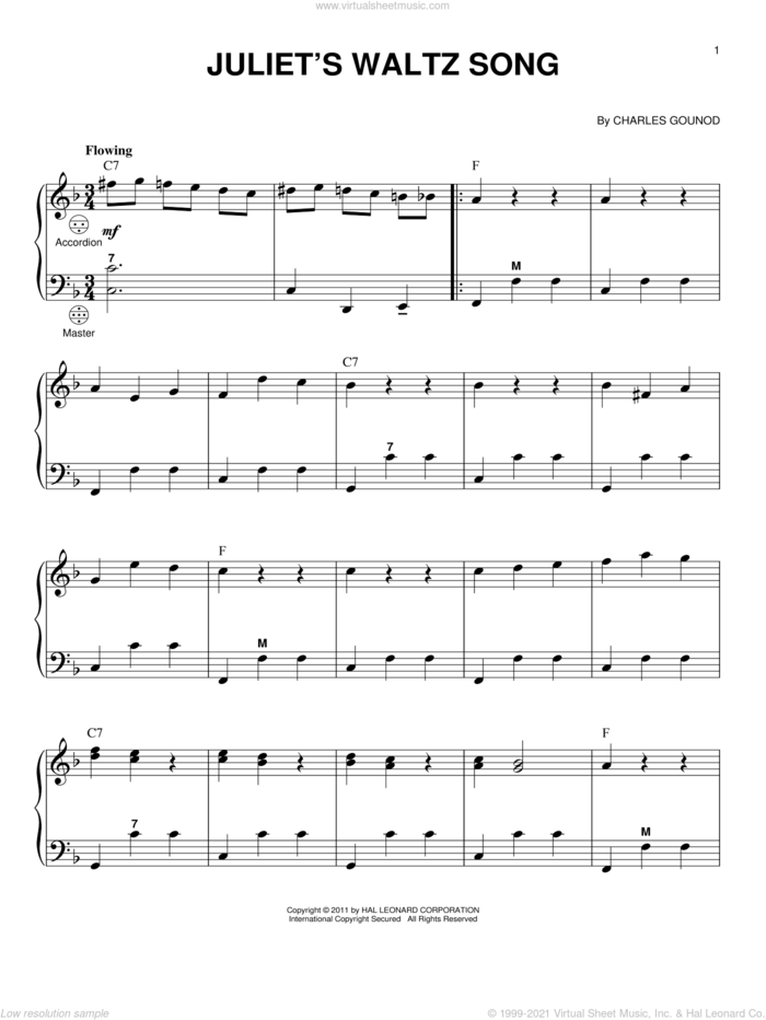 Juliet's Waltz Song sheet music for accordion by Charles Gounod and Gary Meisner, classical score, intermediate skill level